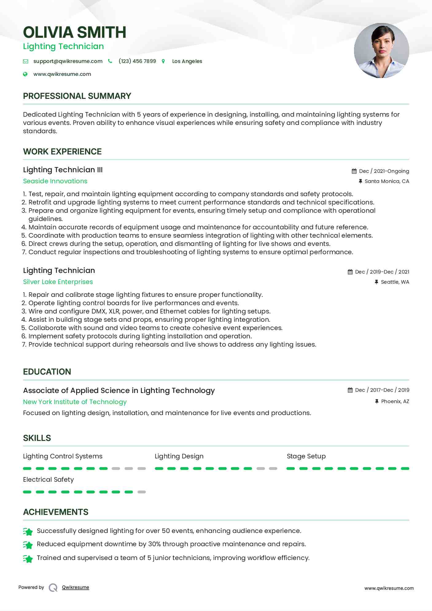 Lighting Technician III Resume Format