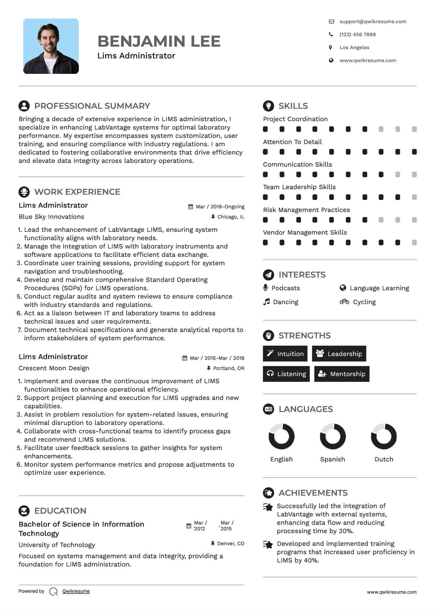 Lims Administrator Resume Model