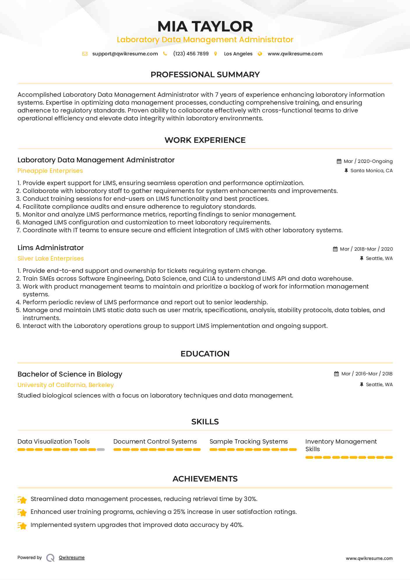 Laboratory Data Management Administrator Resume Example