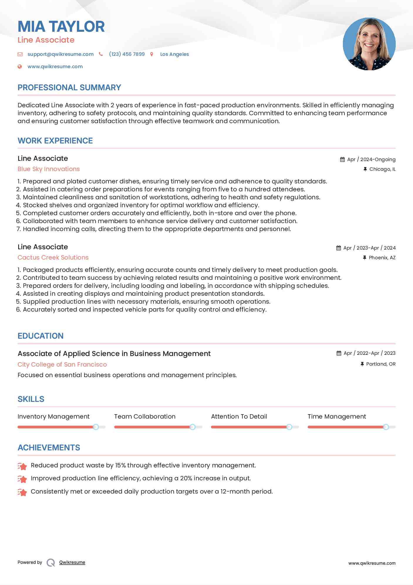 Line Associate Resume Sample