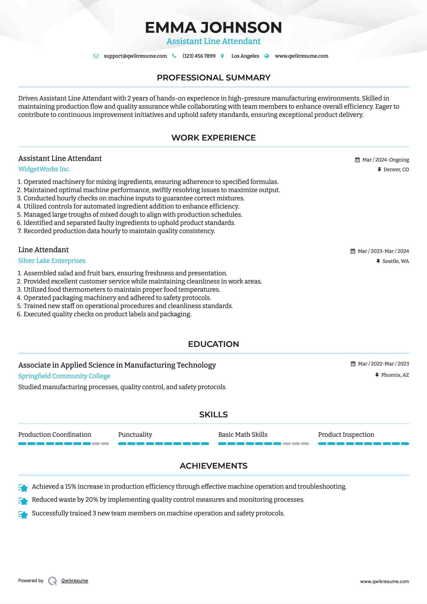 Assistant Line Attendant Resume Sample