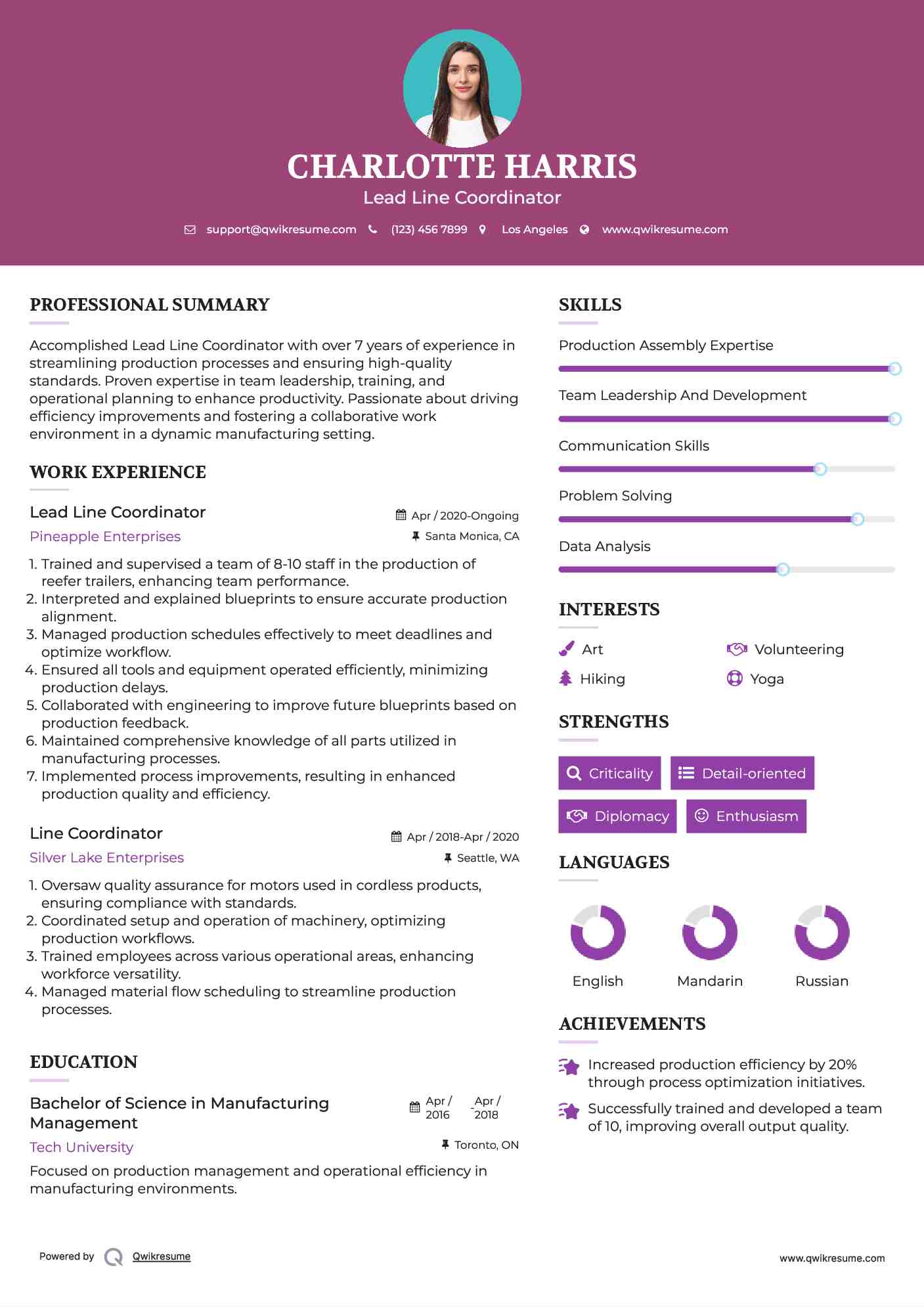 Lead Line Coordinator Resume Example