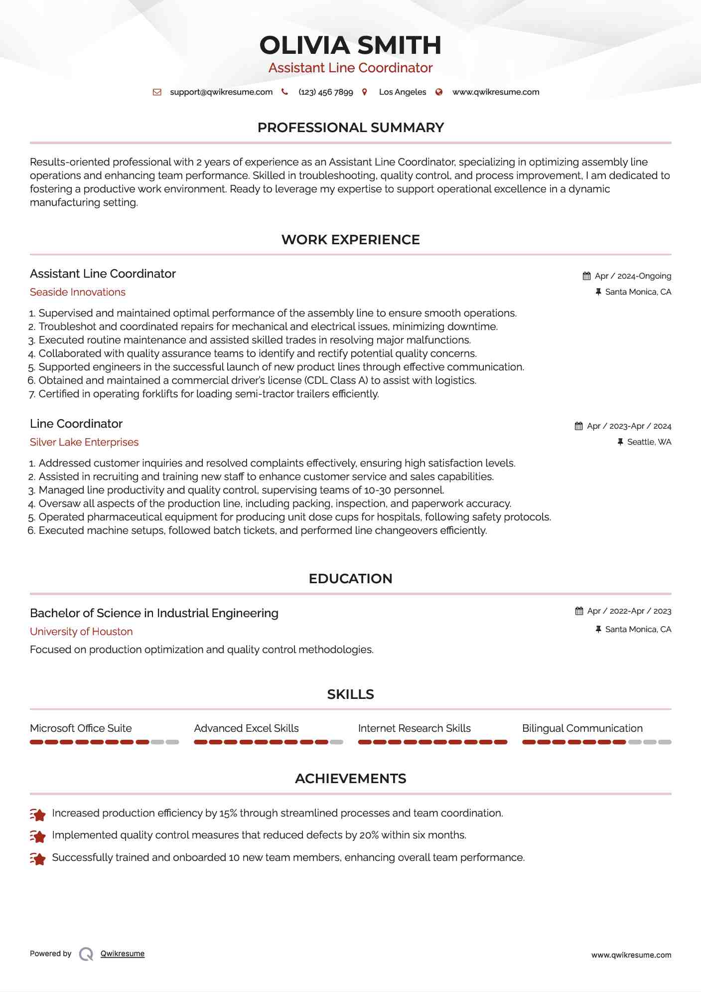 Assistant Line Coordinator Resume Example