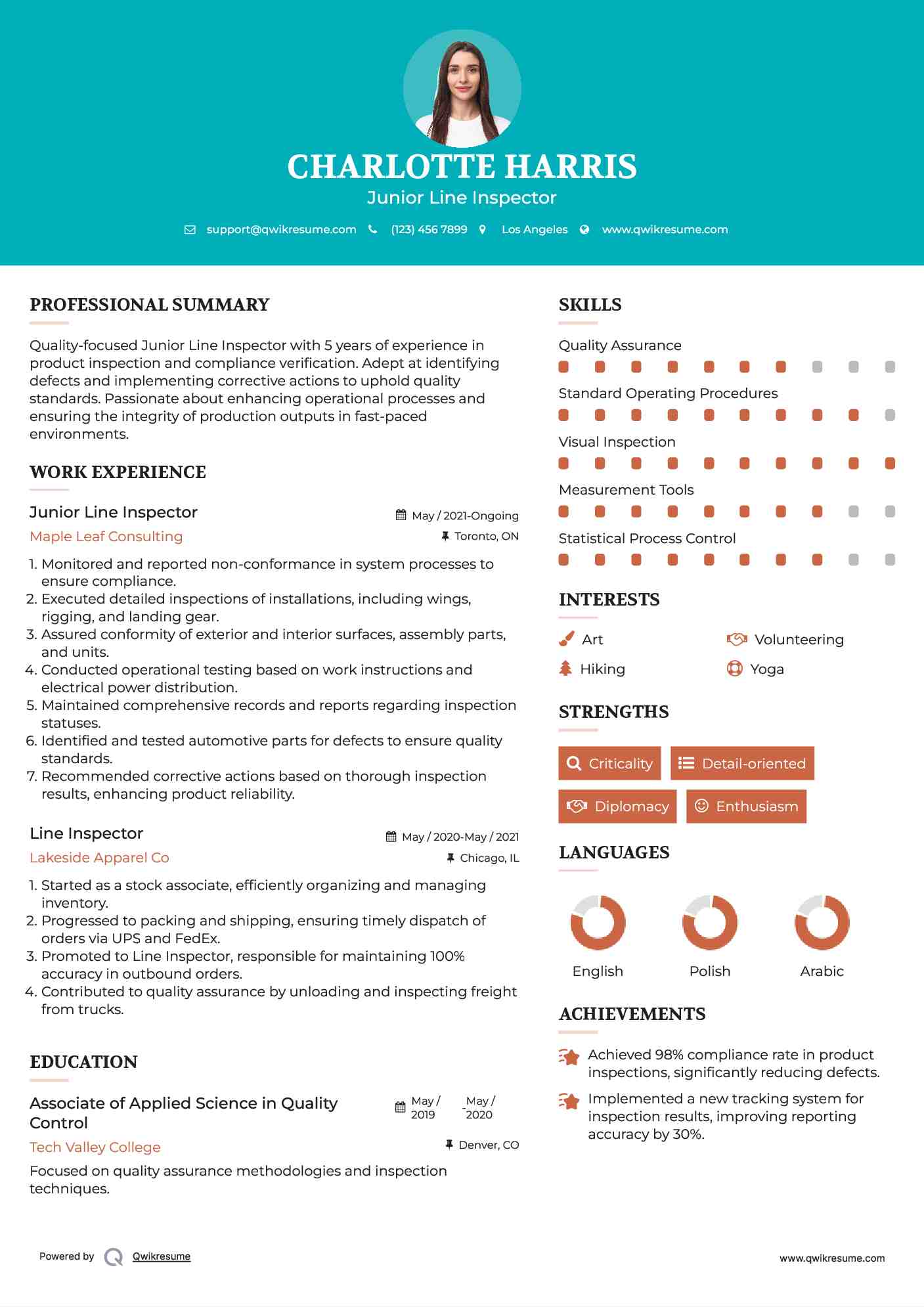 Junior Line Inspector Resume Example