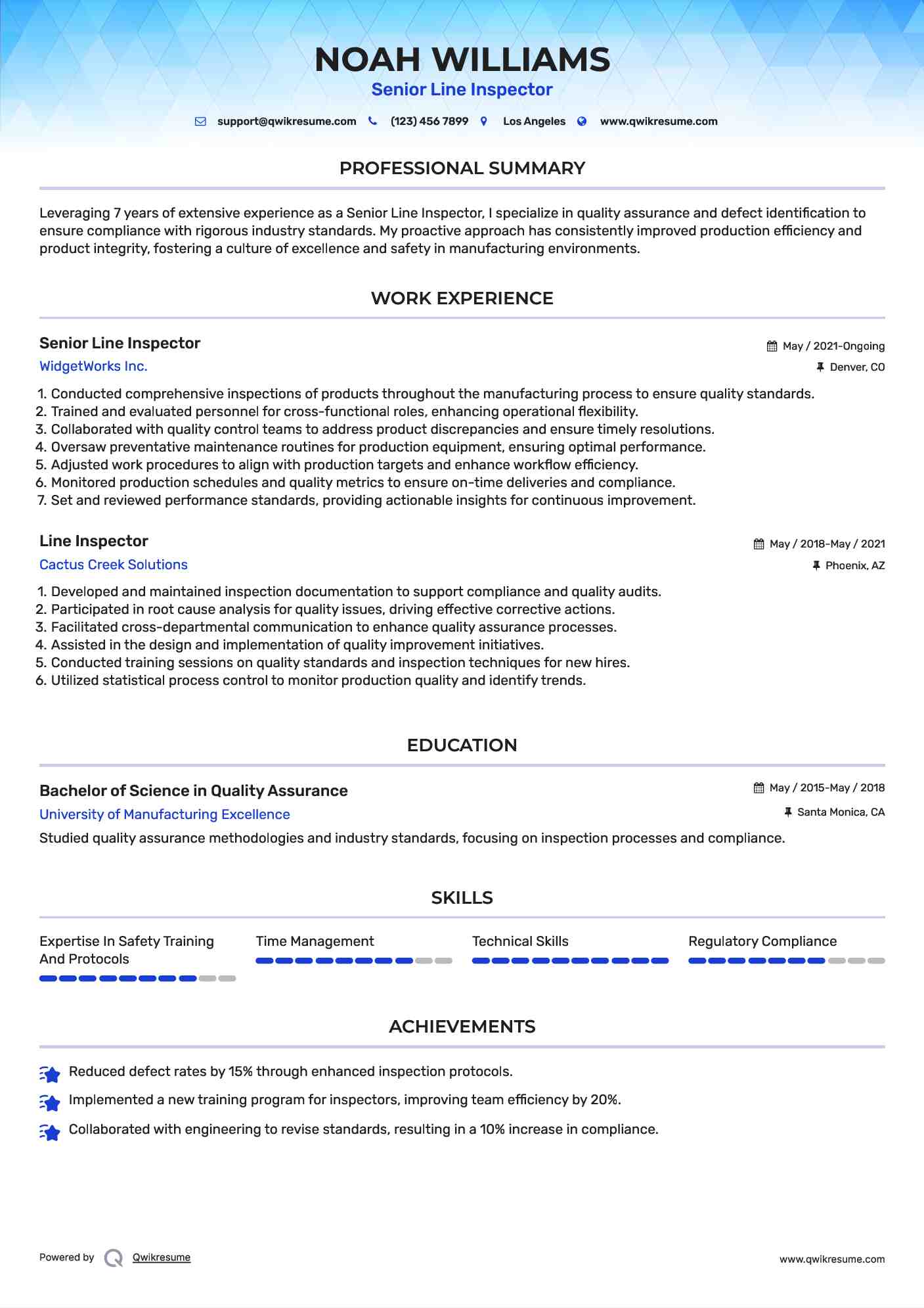 Senior Line Inspector Resume Example