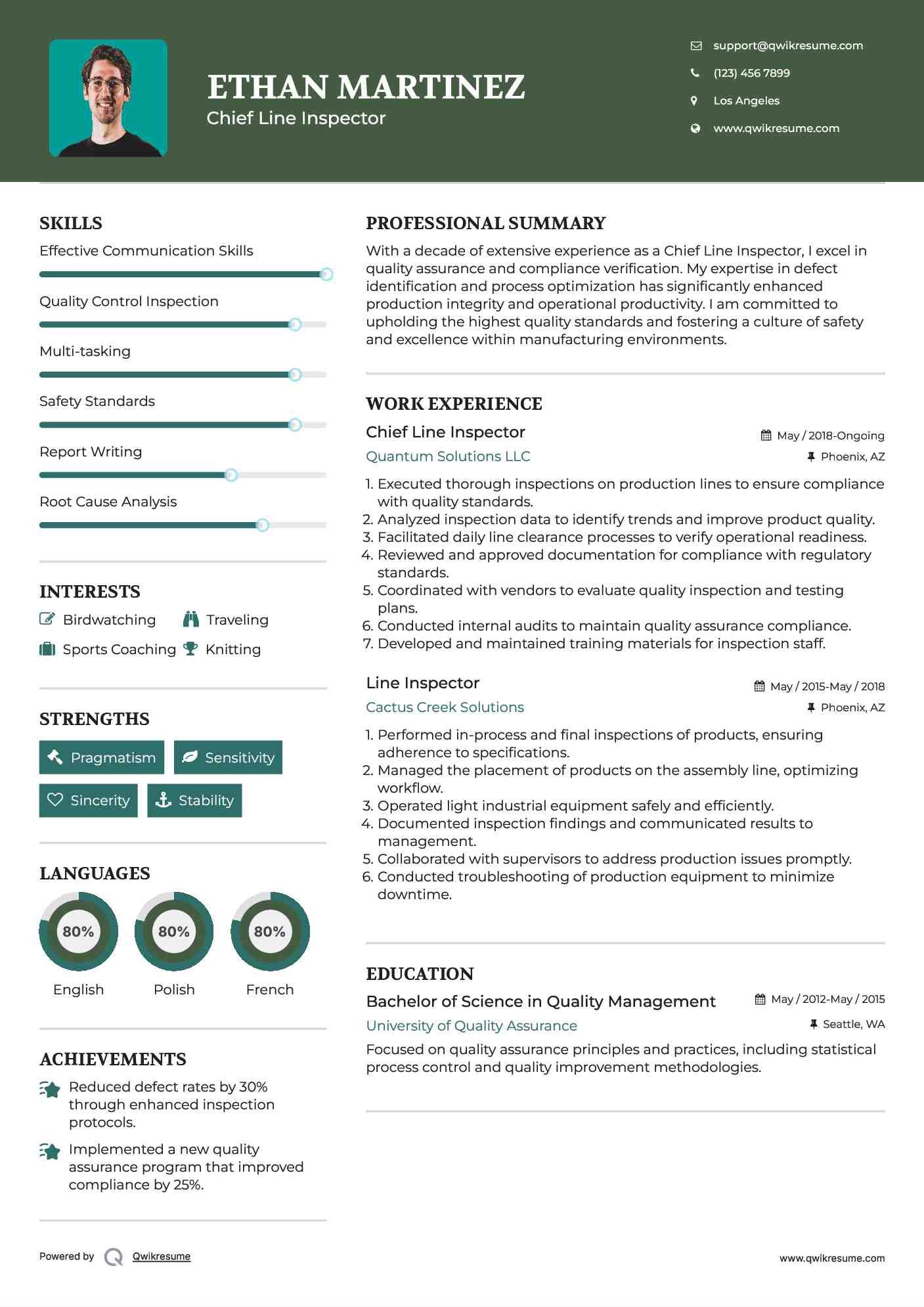 Chief Line Inspector Resume Sample
