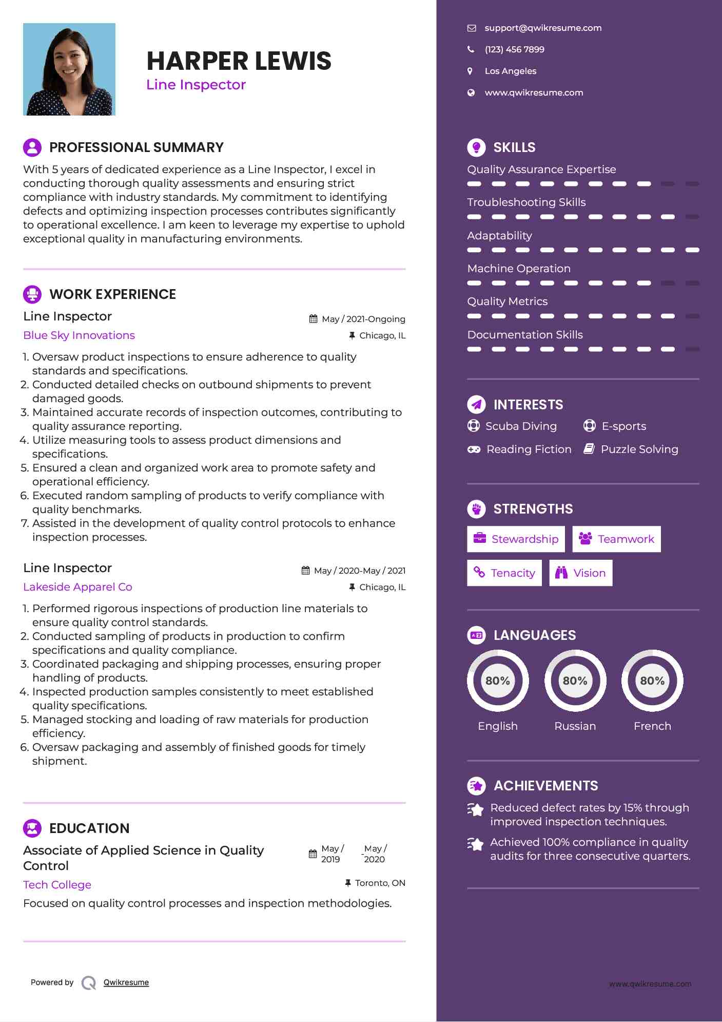 Line Inspector Resume Sample