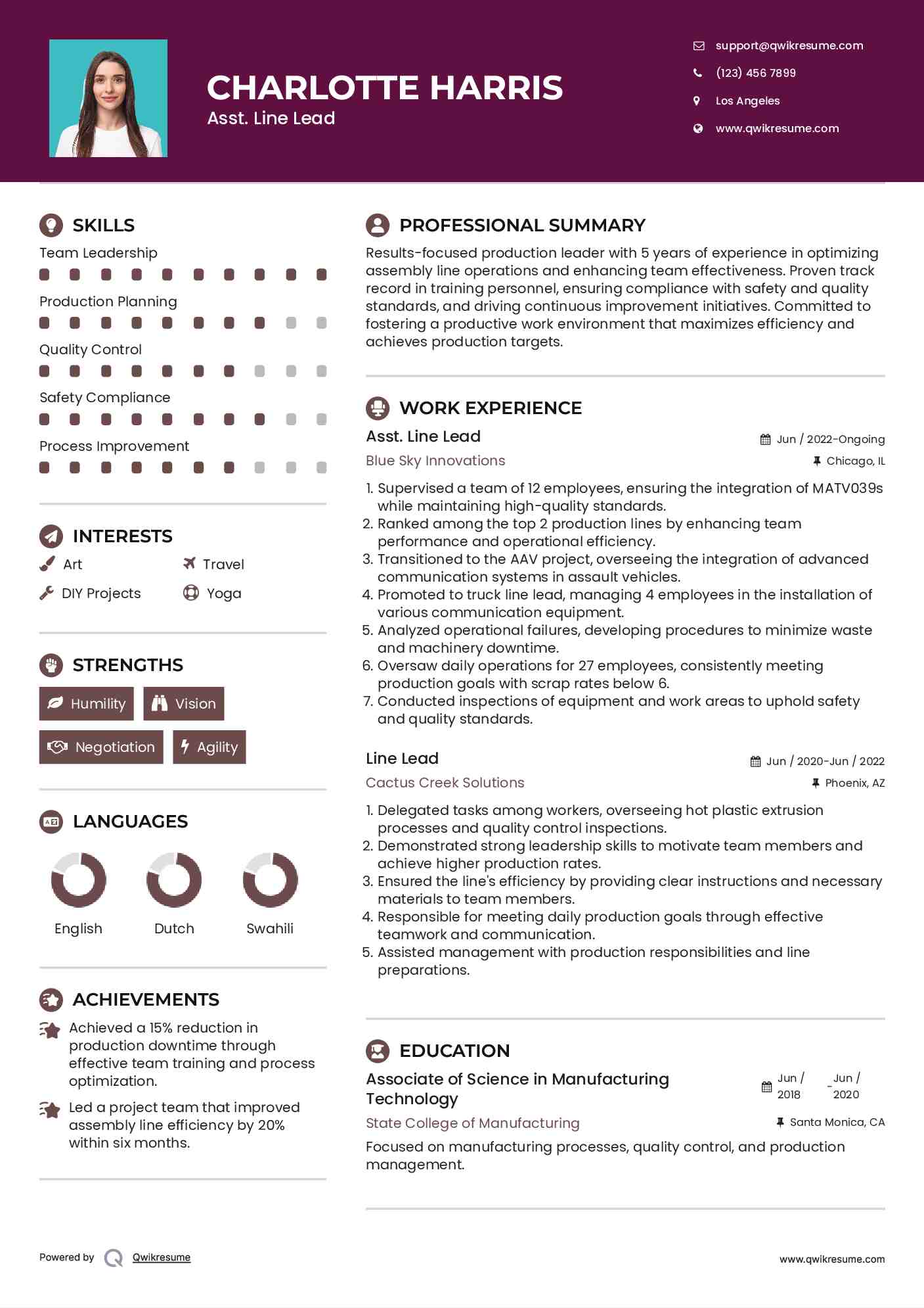 Line Lead Resume Samples QwikResume