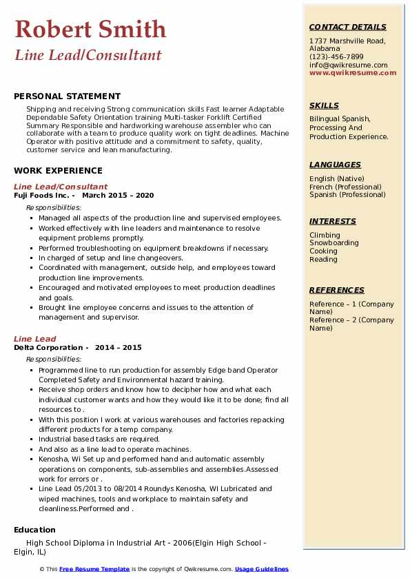 Line Lead Resume Samples QwikResume