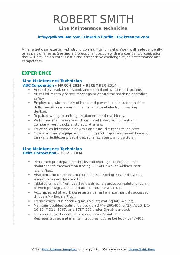Line Maintenance Technician Resume Samples QwikResume