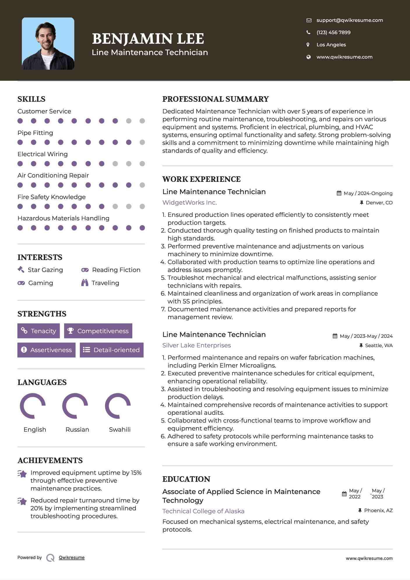 Line Maintenance Technician Resume Template