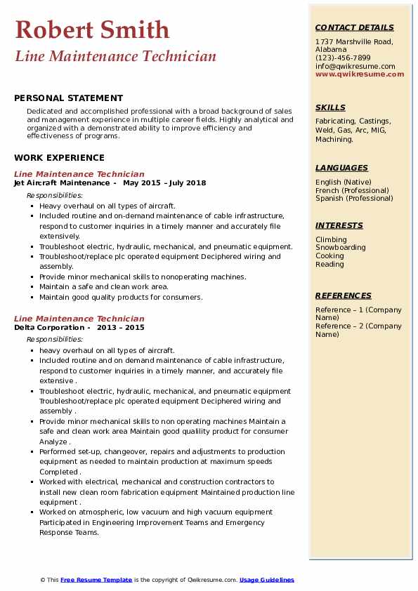 Line Maintenance Technician Resume Samples QwikResume