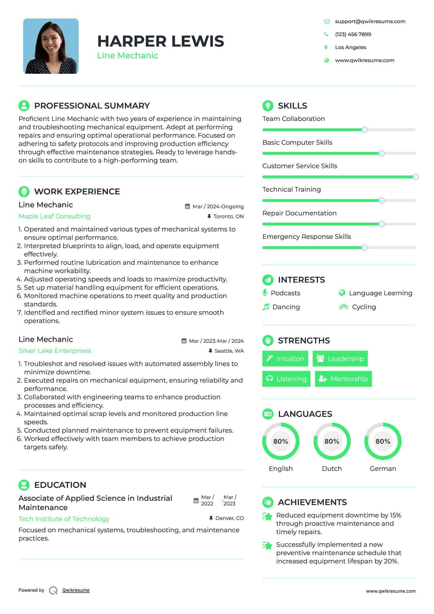 Line Mechanic Resume Sample