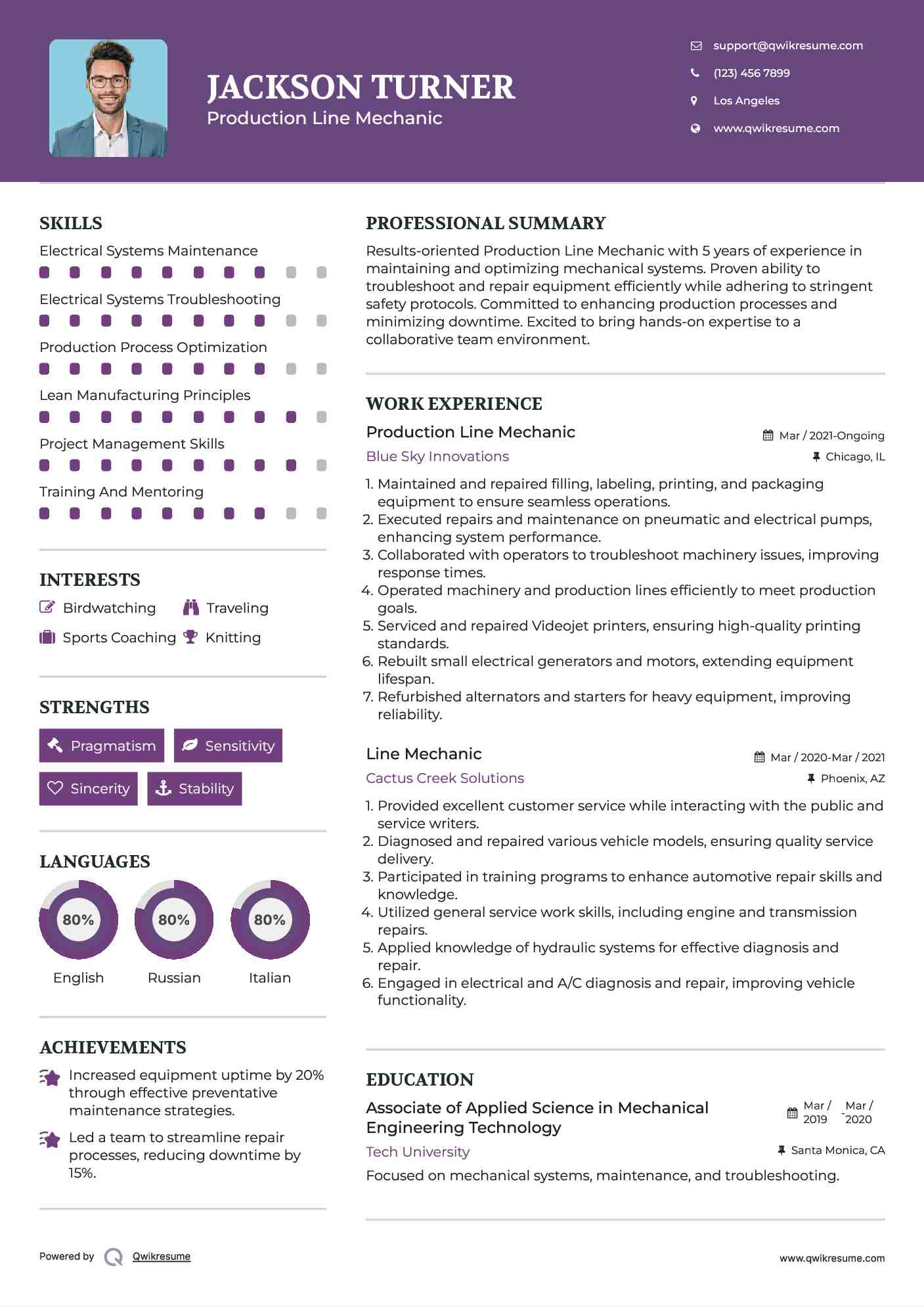 Production Line Mechanic Resume Example