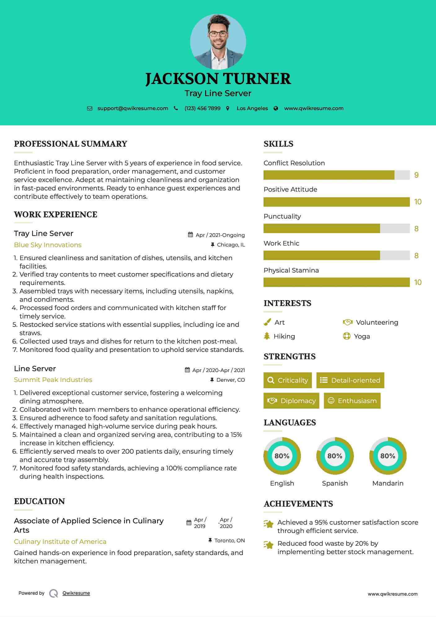 Tray Line Server Resume Model