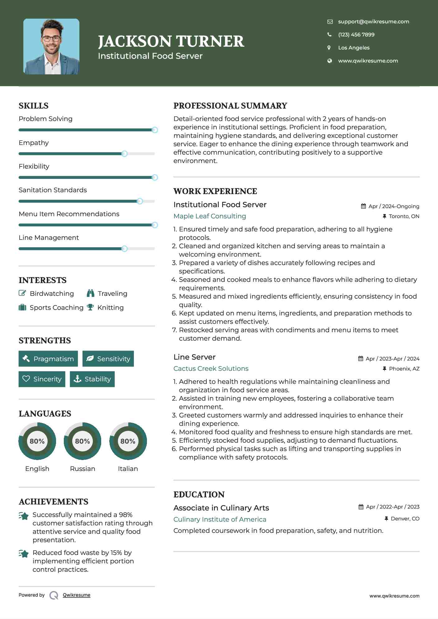 Institutional Food Server Resume Template