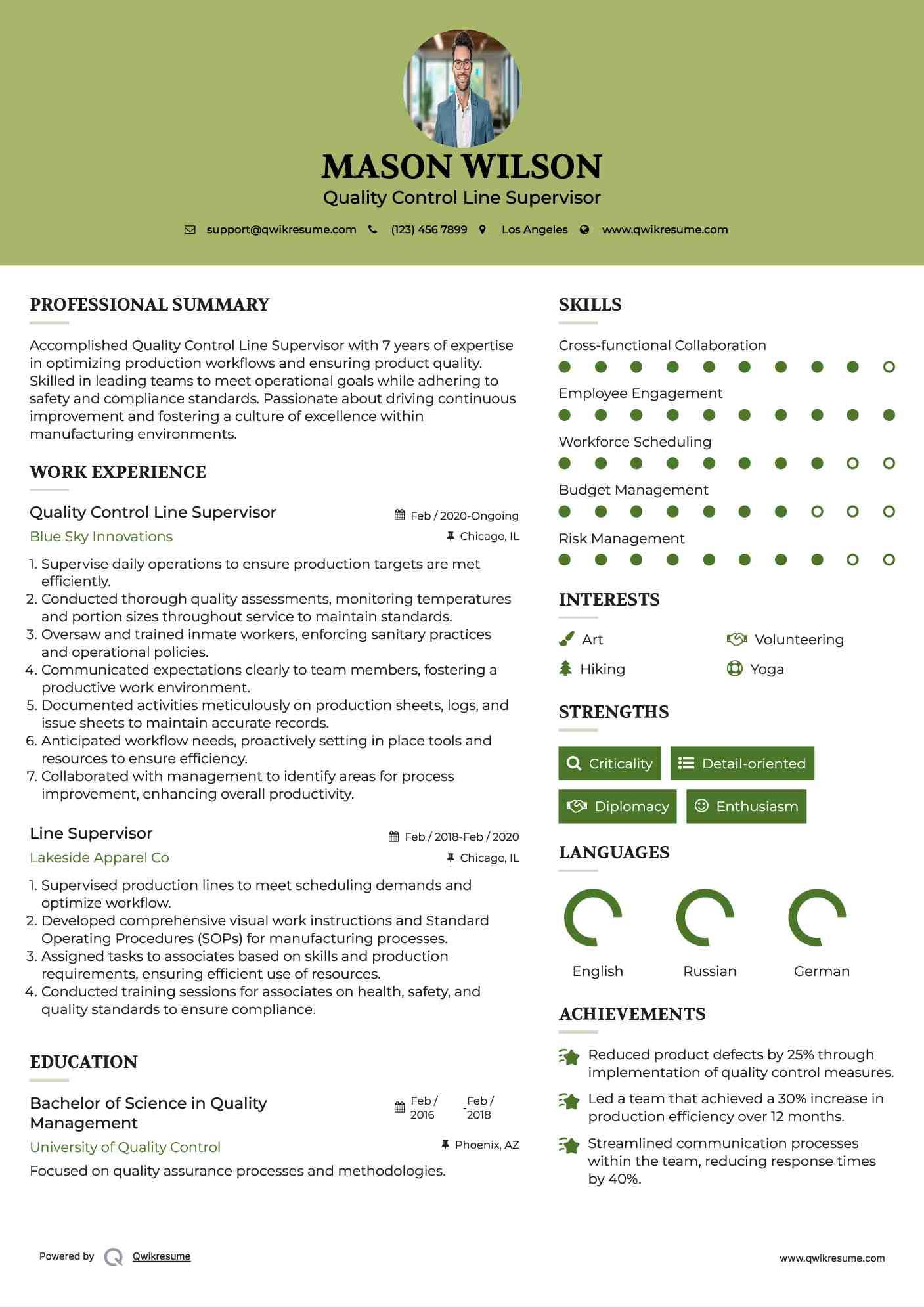 Quality Control Line Supervisor Resume Example