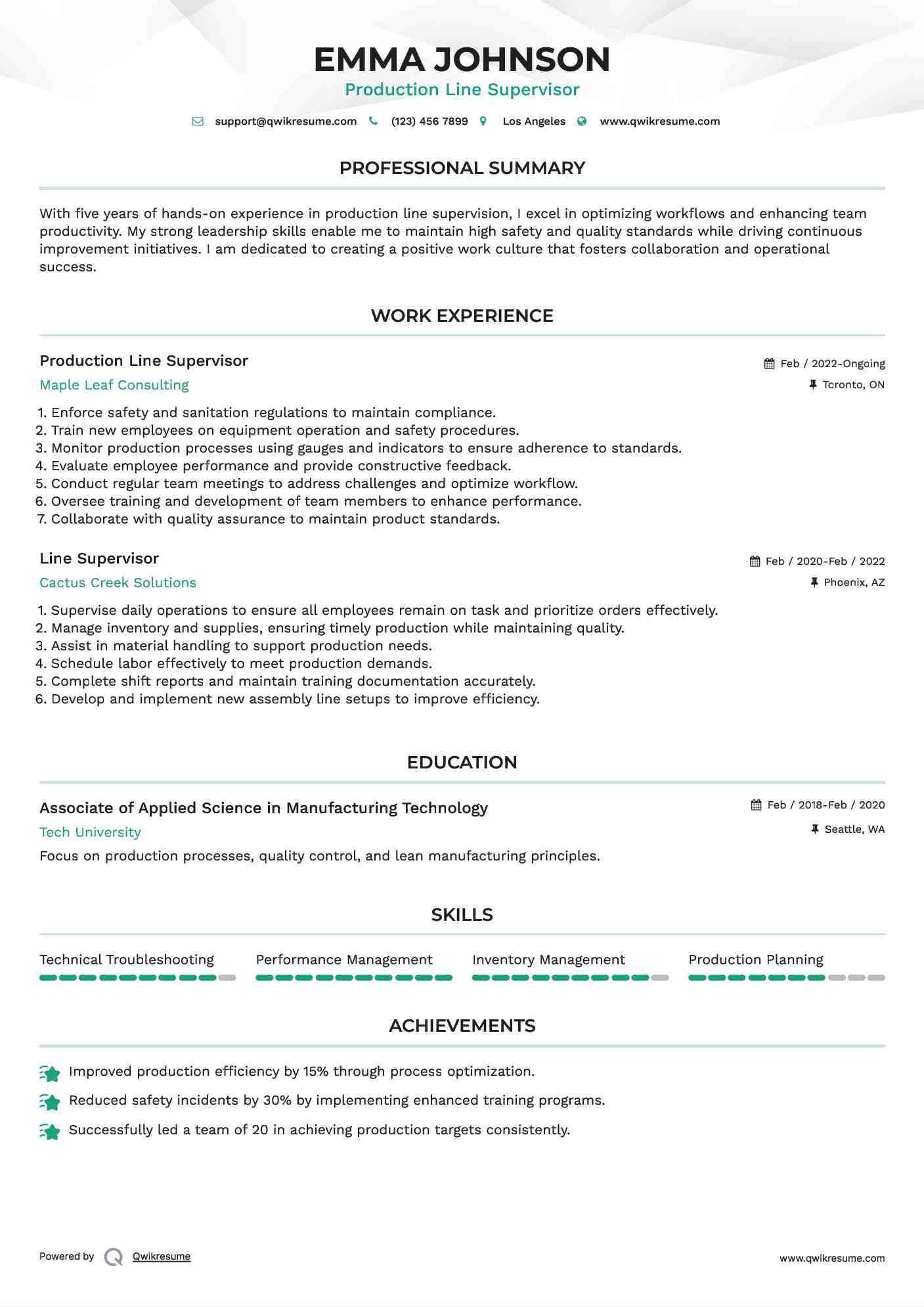 Production Line Supervisor Resume Example