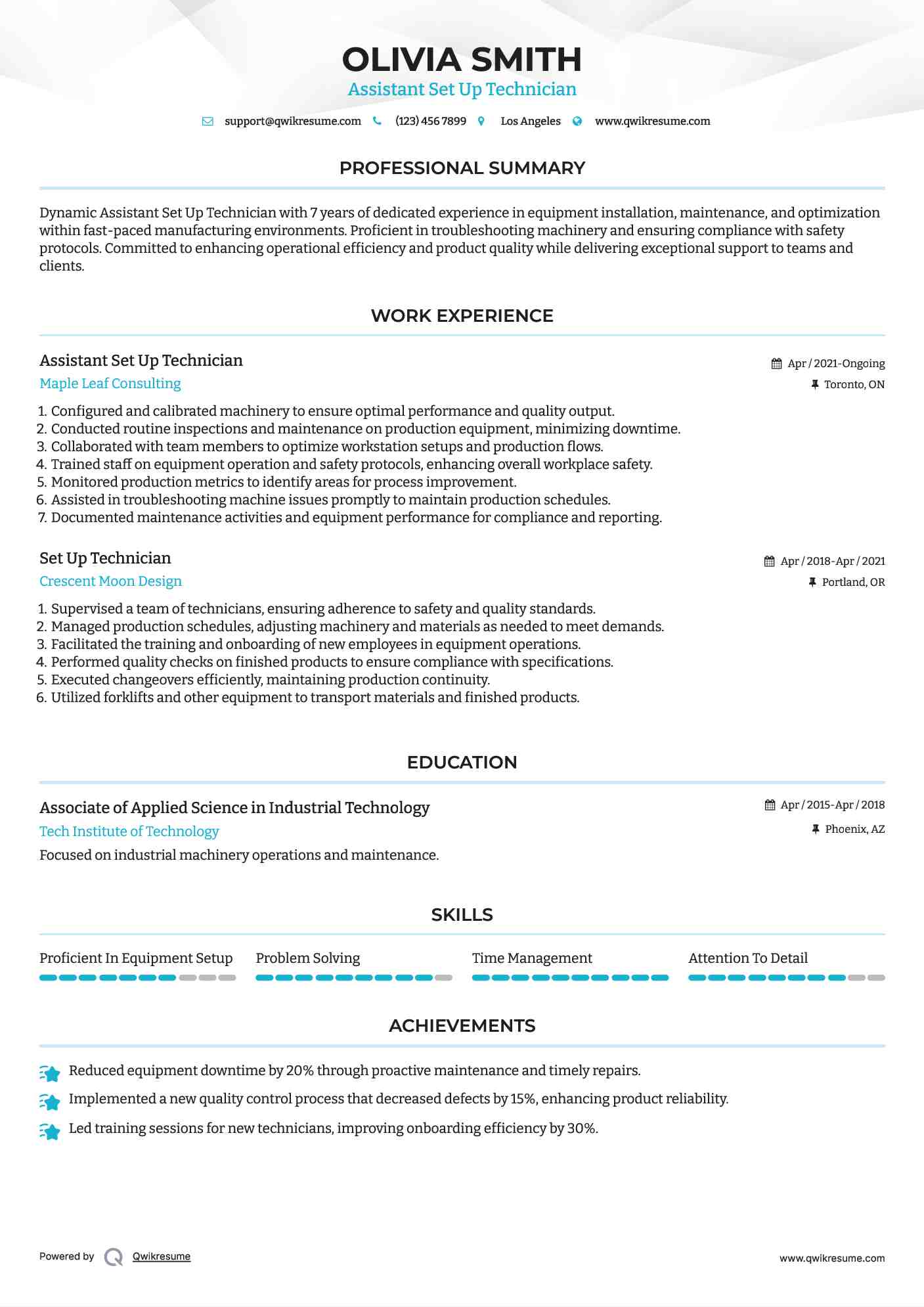 Assistant Set Up Technician Resume Example