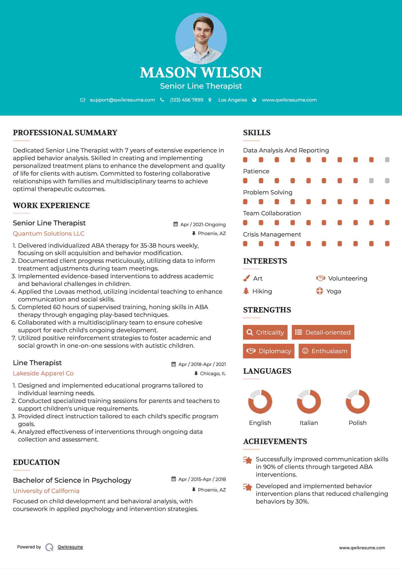 Senior Line Therapist Resume Example