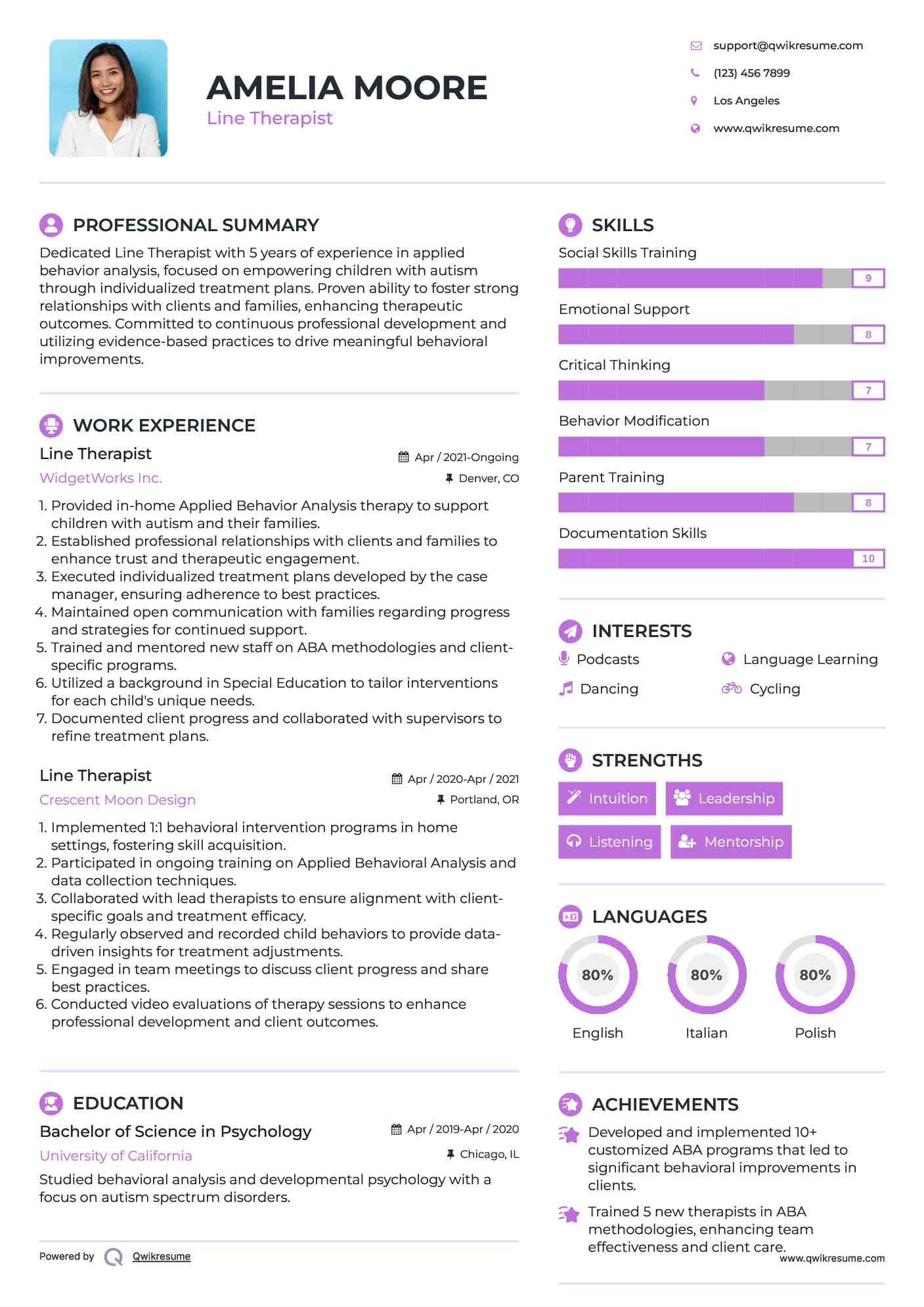 Line Therapist Resume Sample