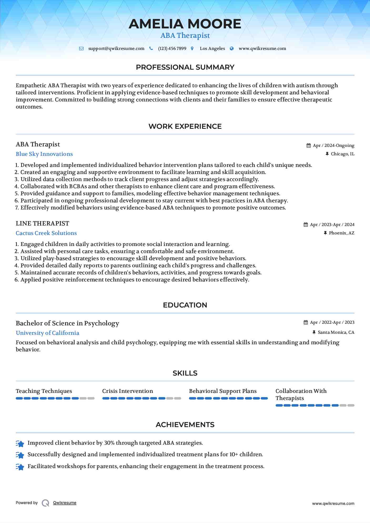 ABA Therapist Resume Format