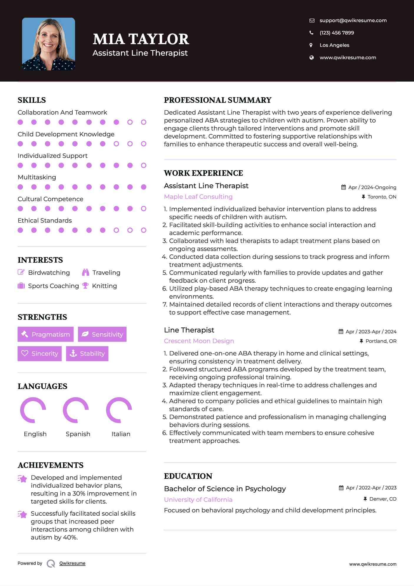 Assistant Line Therapist Resume Sample