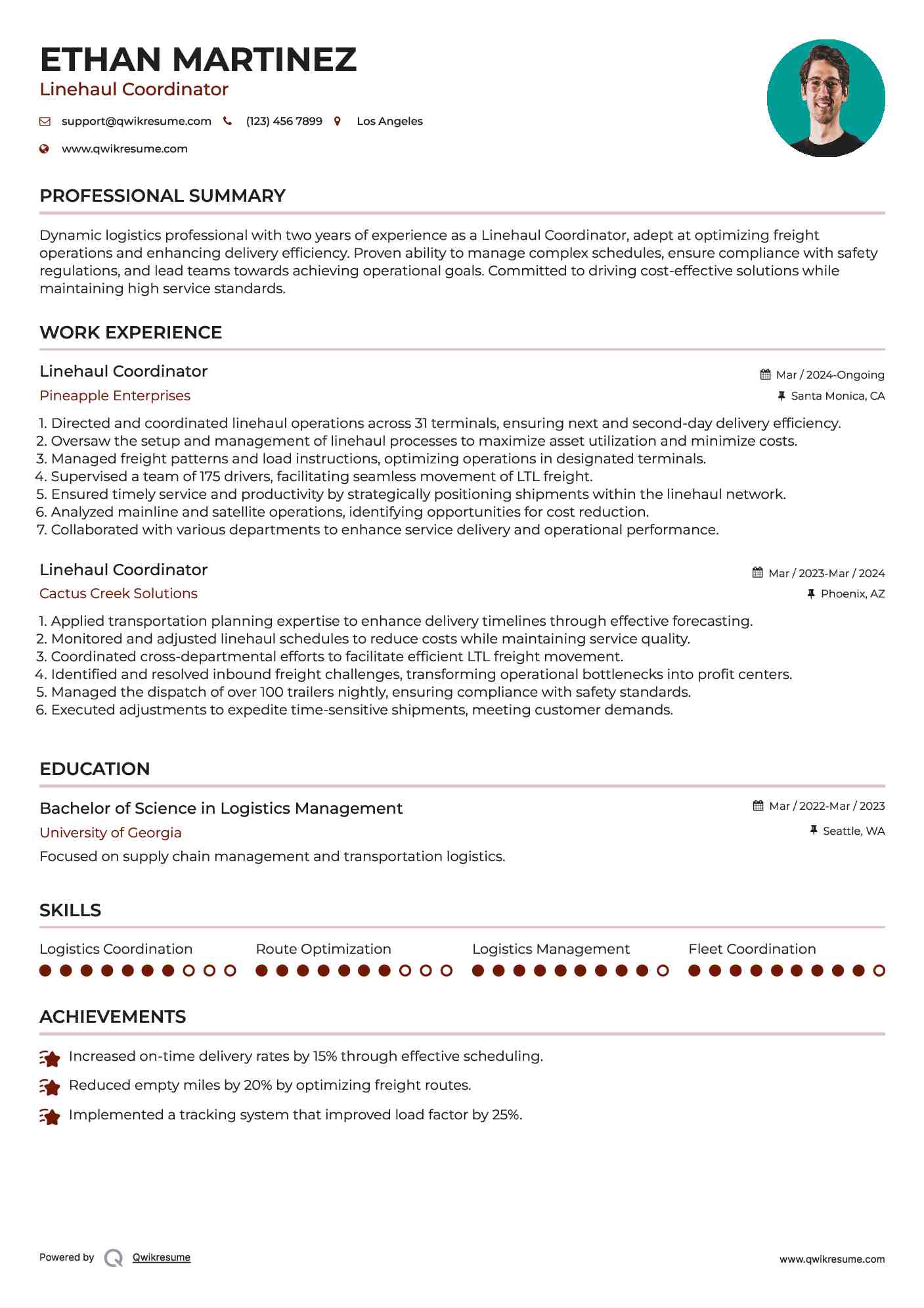 Linehaul Coordinator Resume Sample