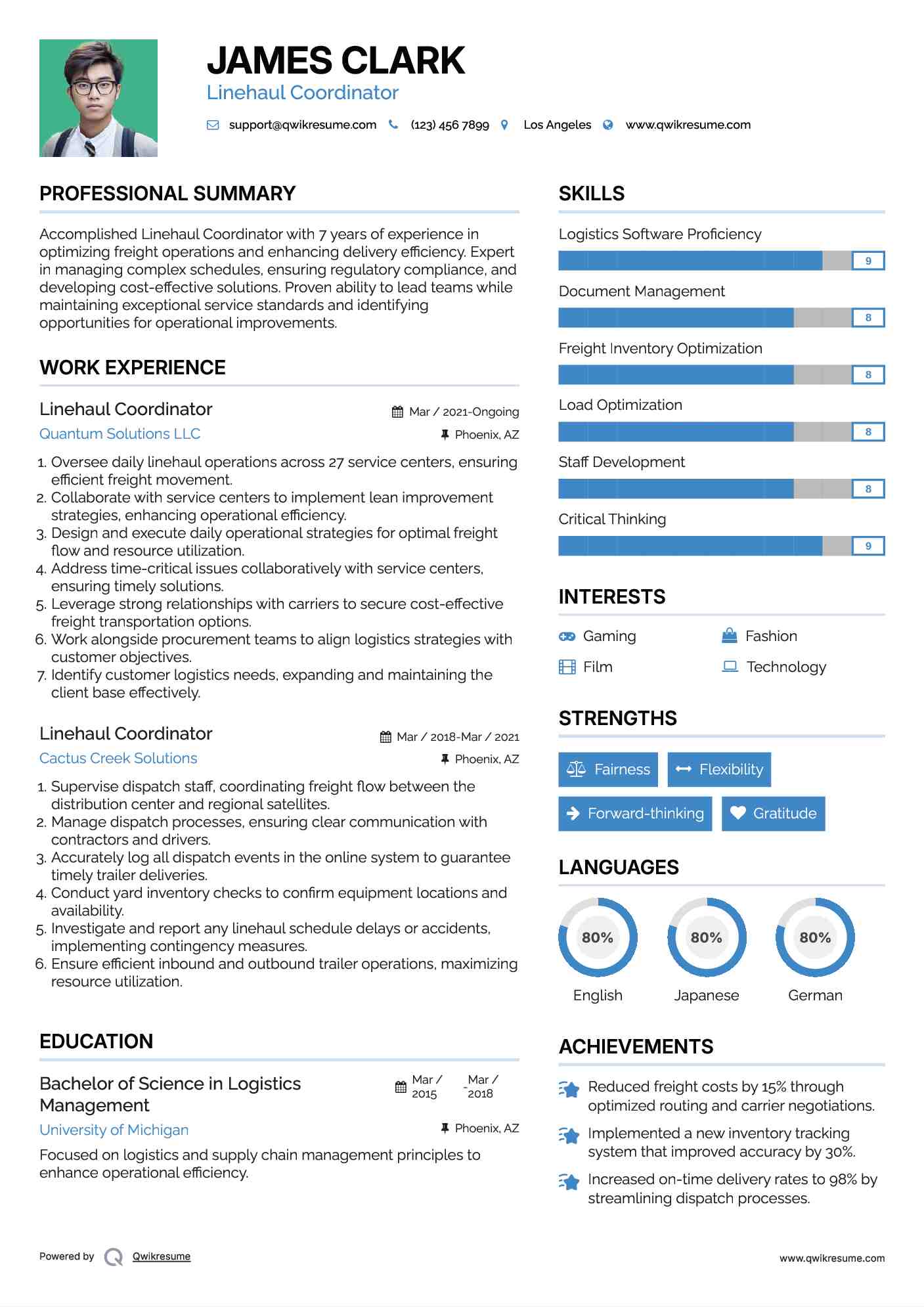 Linehaul Coordinator Resume Sample