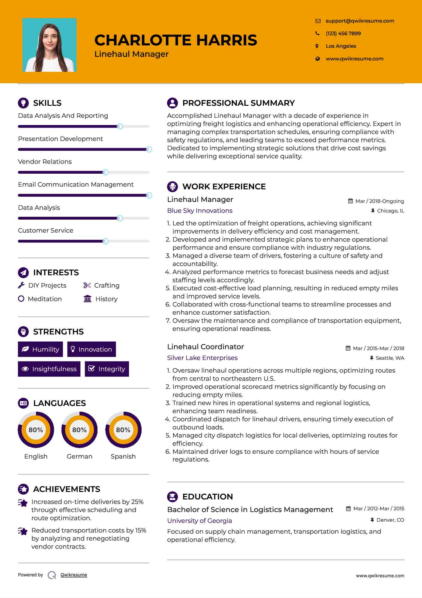 Linehaul Manager Resume Template