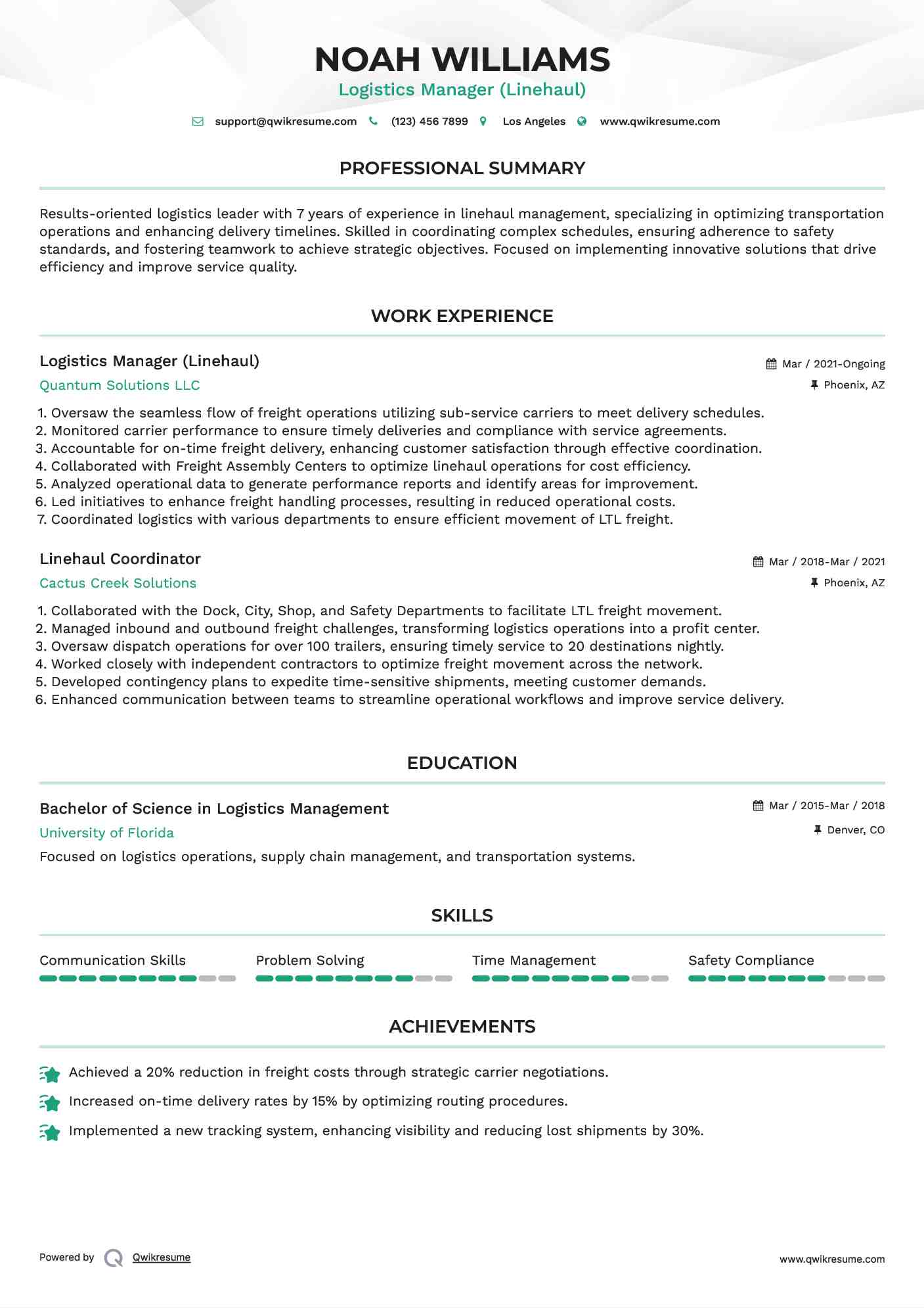 Logistics Manager (Linehaul) Resume Format