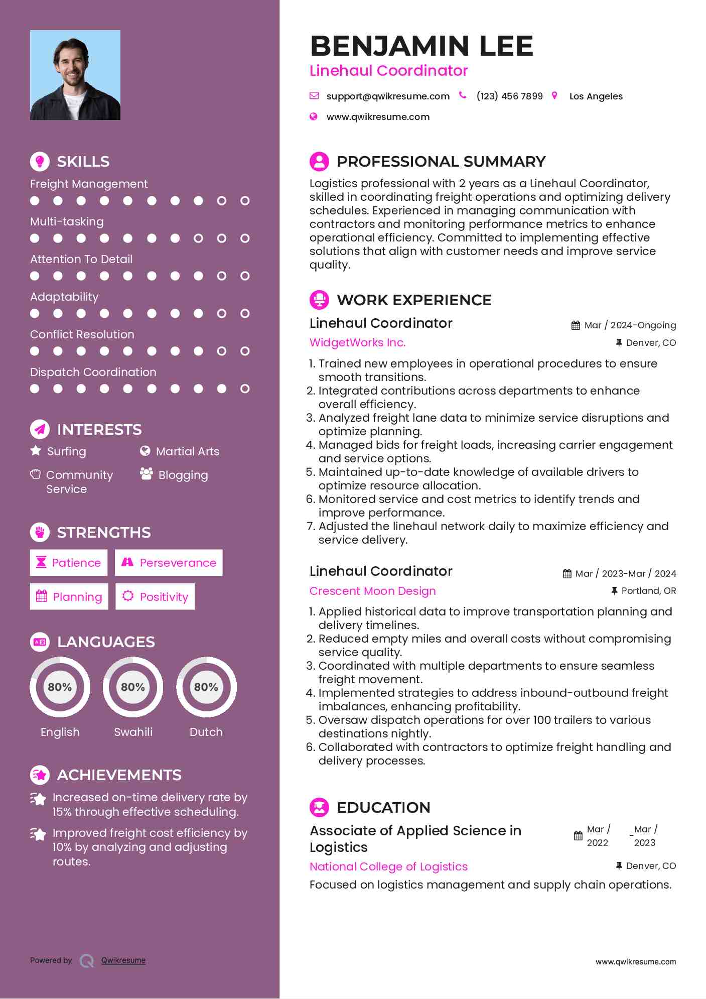 Linehaul Coordinator Resume Sample