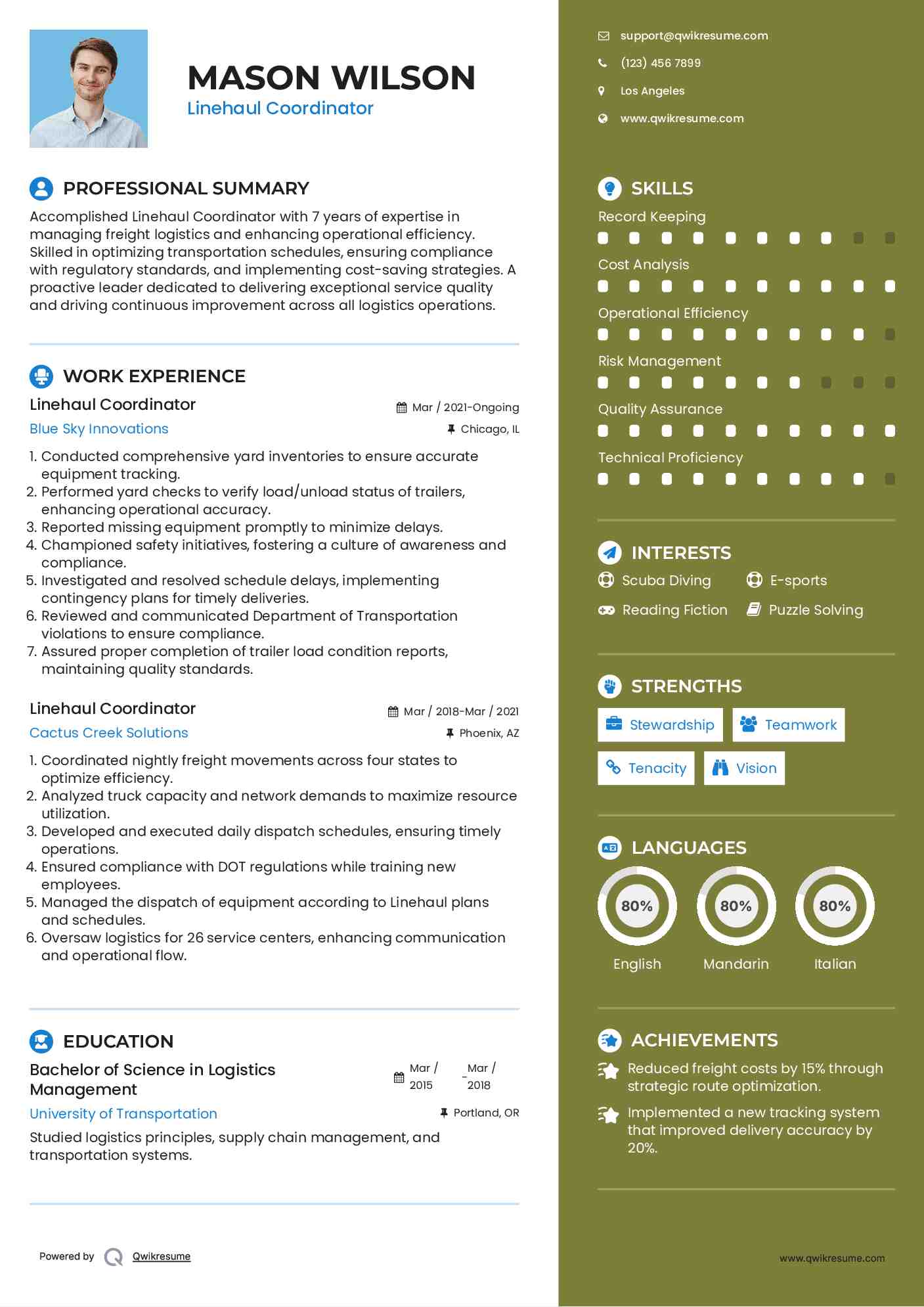 Linehaul Coordinator Resume Sample