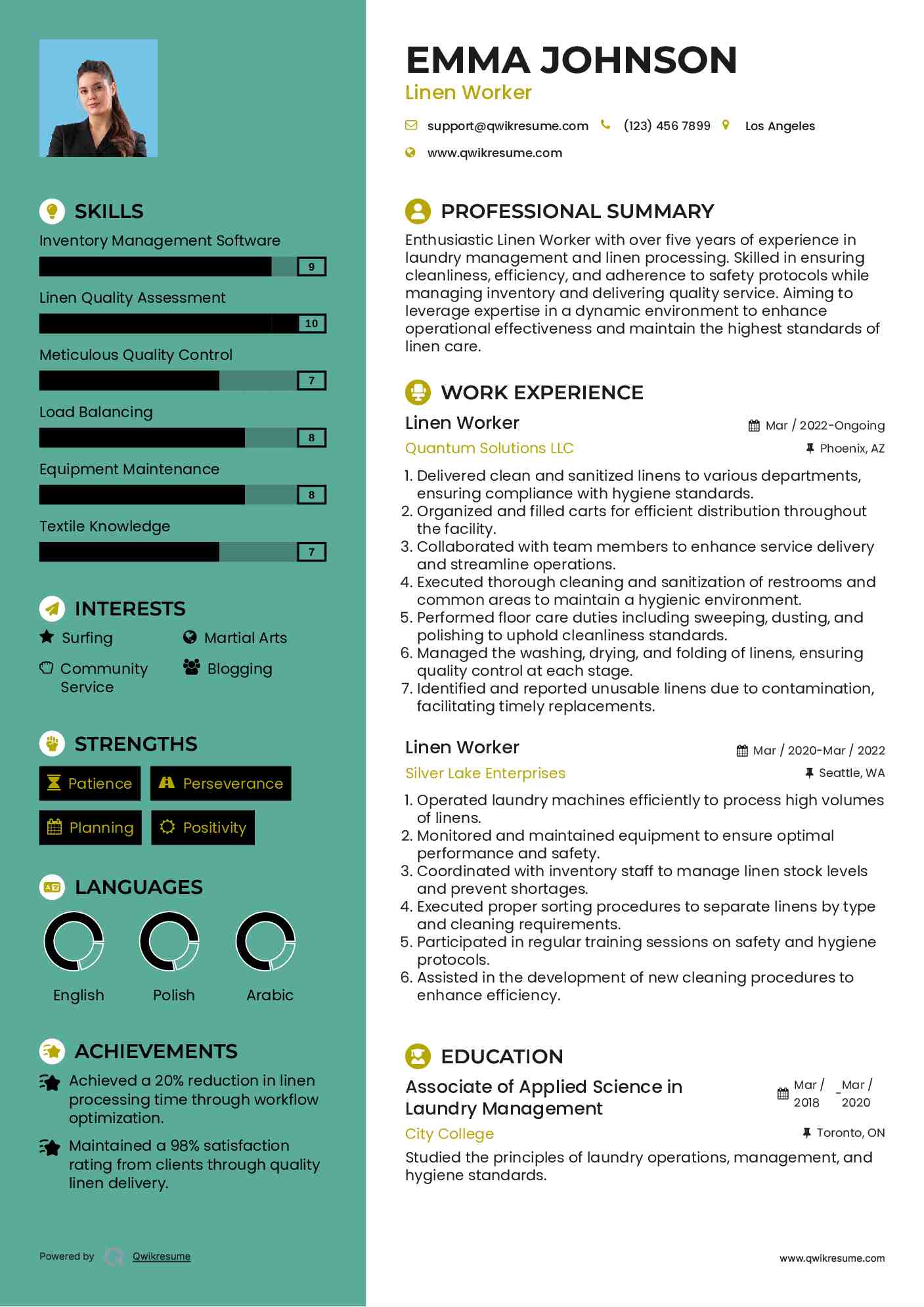 Linen Worker Resume Samples QwikResume