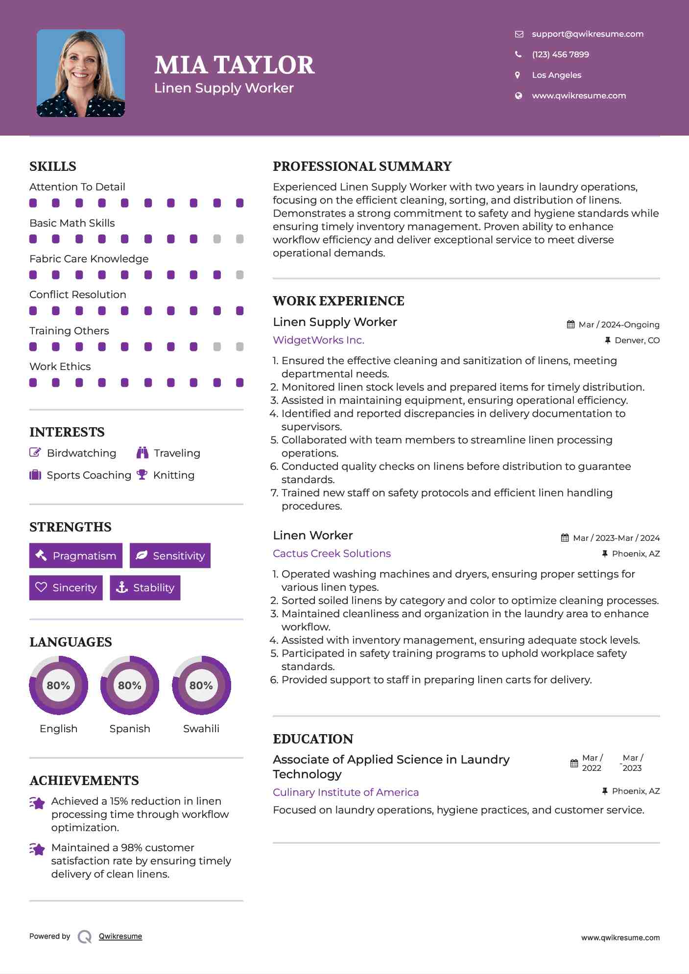 Linen Worker Resume Samples QwikResume