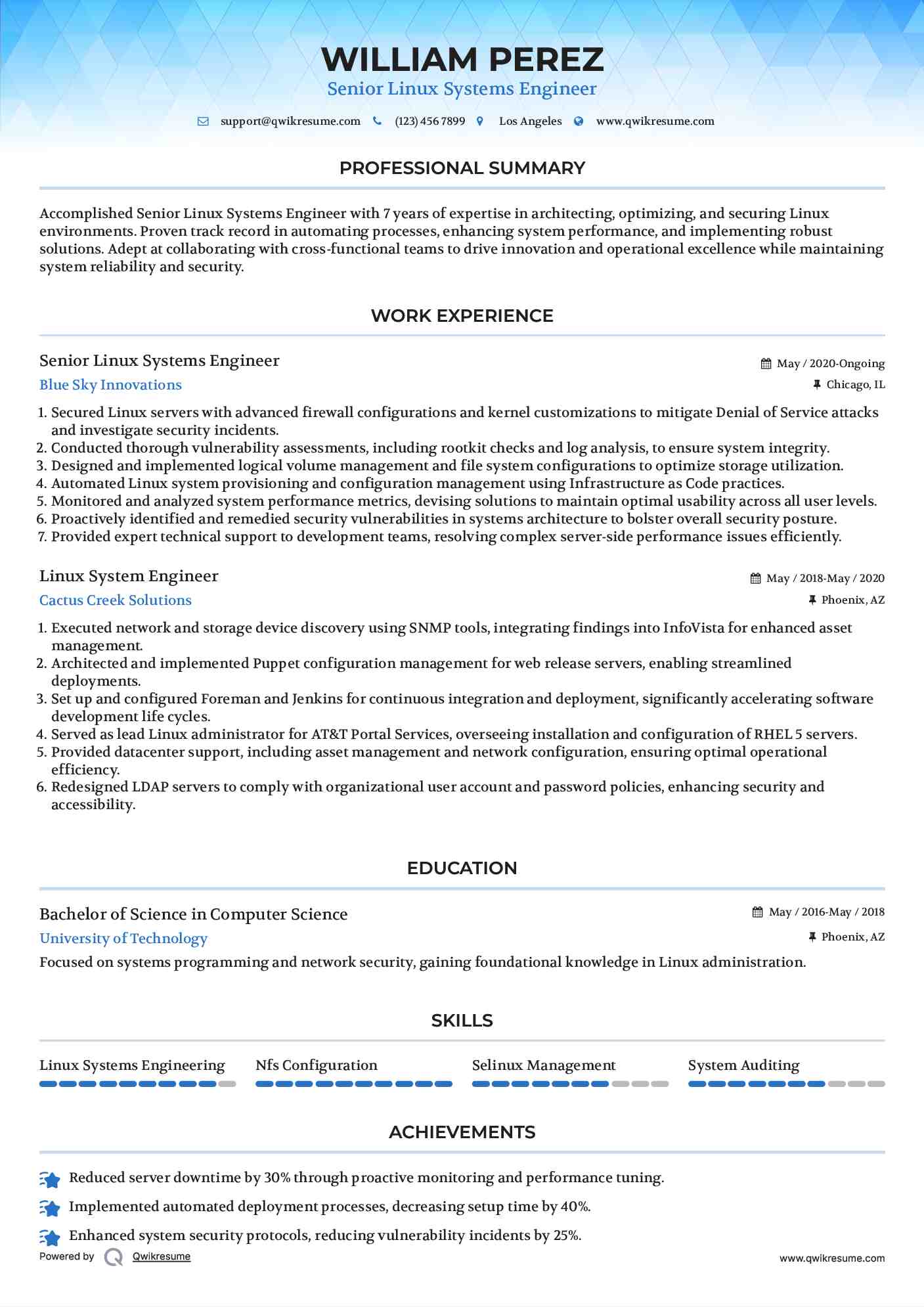 Senior Linux Systems Engineer Resume Template