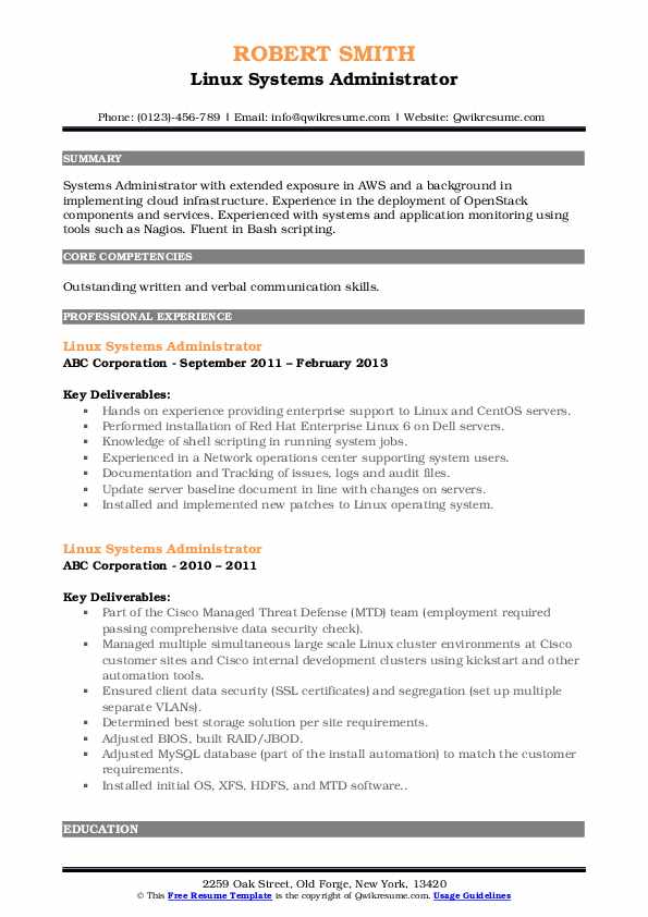 Linux Systems Administrator Resume Samples QwikResume