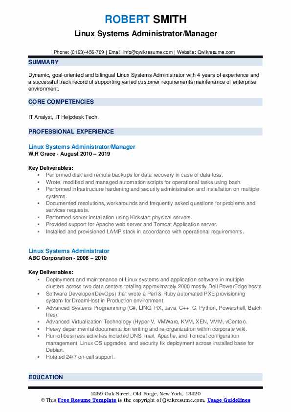 Linux Systems Administrator Resume Samples | QwikResume