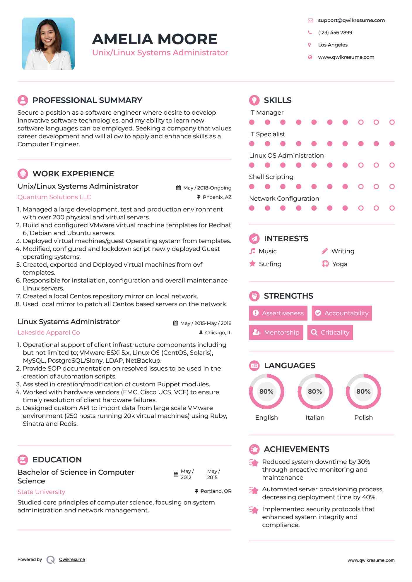 Unix/Linux Systems Administrator Resume Sample