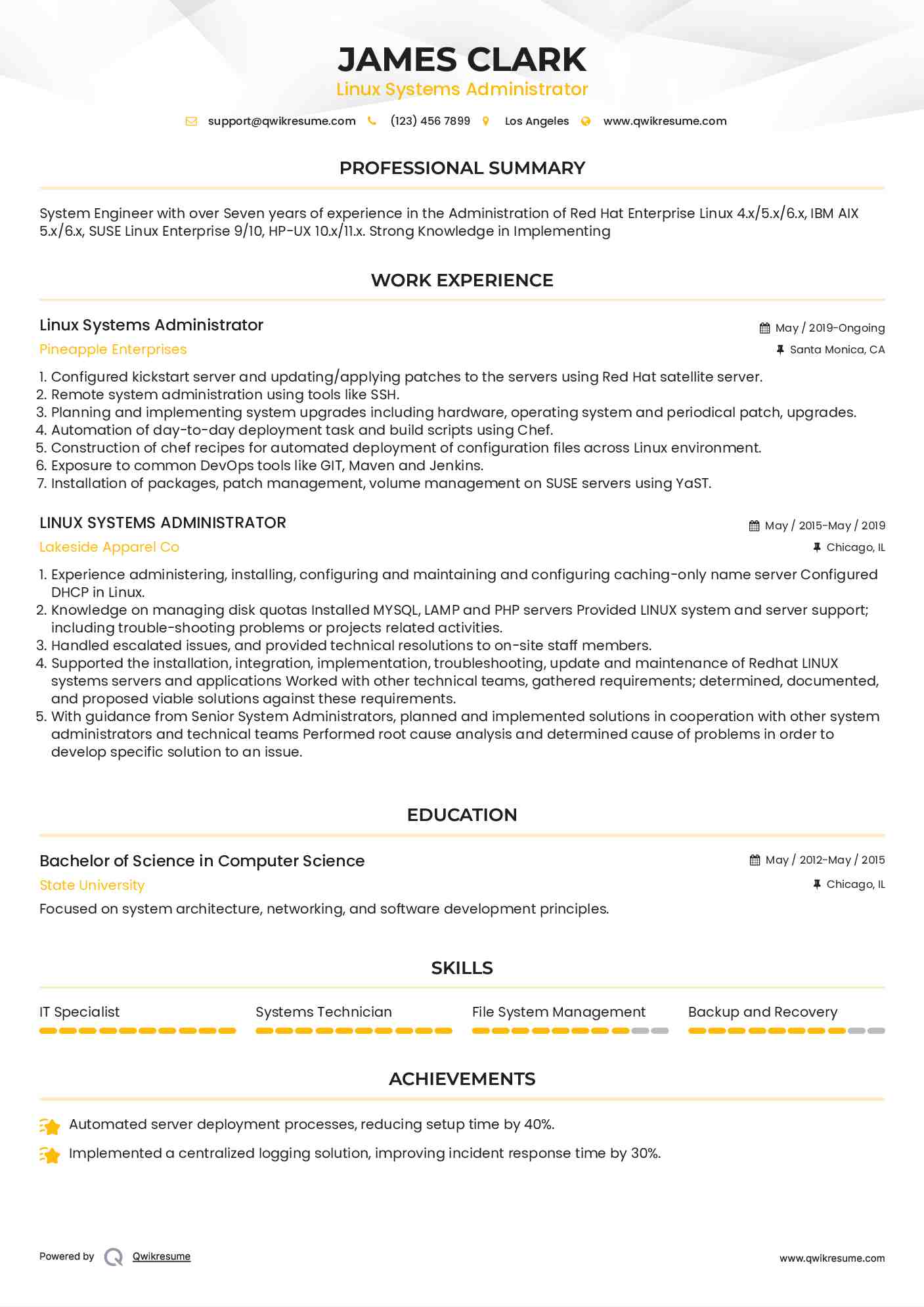 Linux Systems Administrator Resume Example