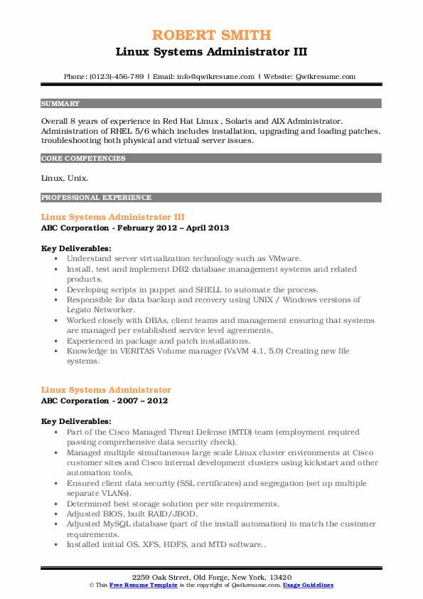 Linux Systems Administrator Resume Samples | QwikResume