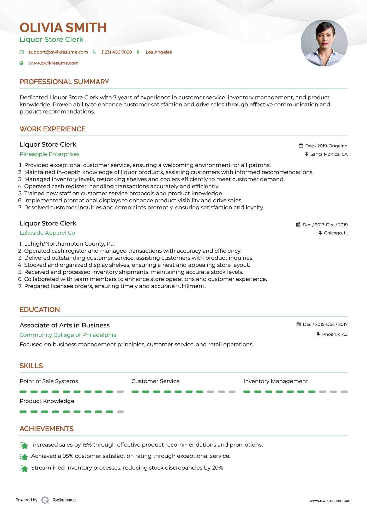 Liquor Store Clerk Resume Example