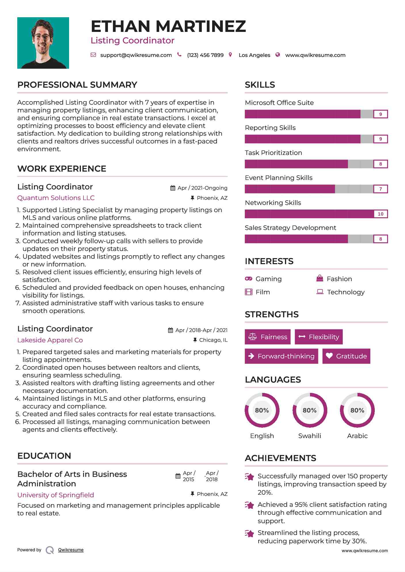 Listing Coordinator Resume Example