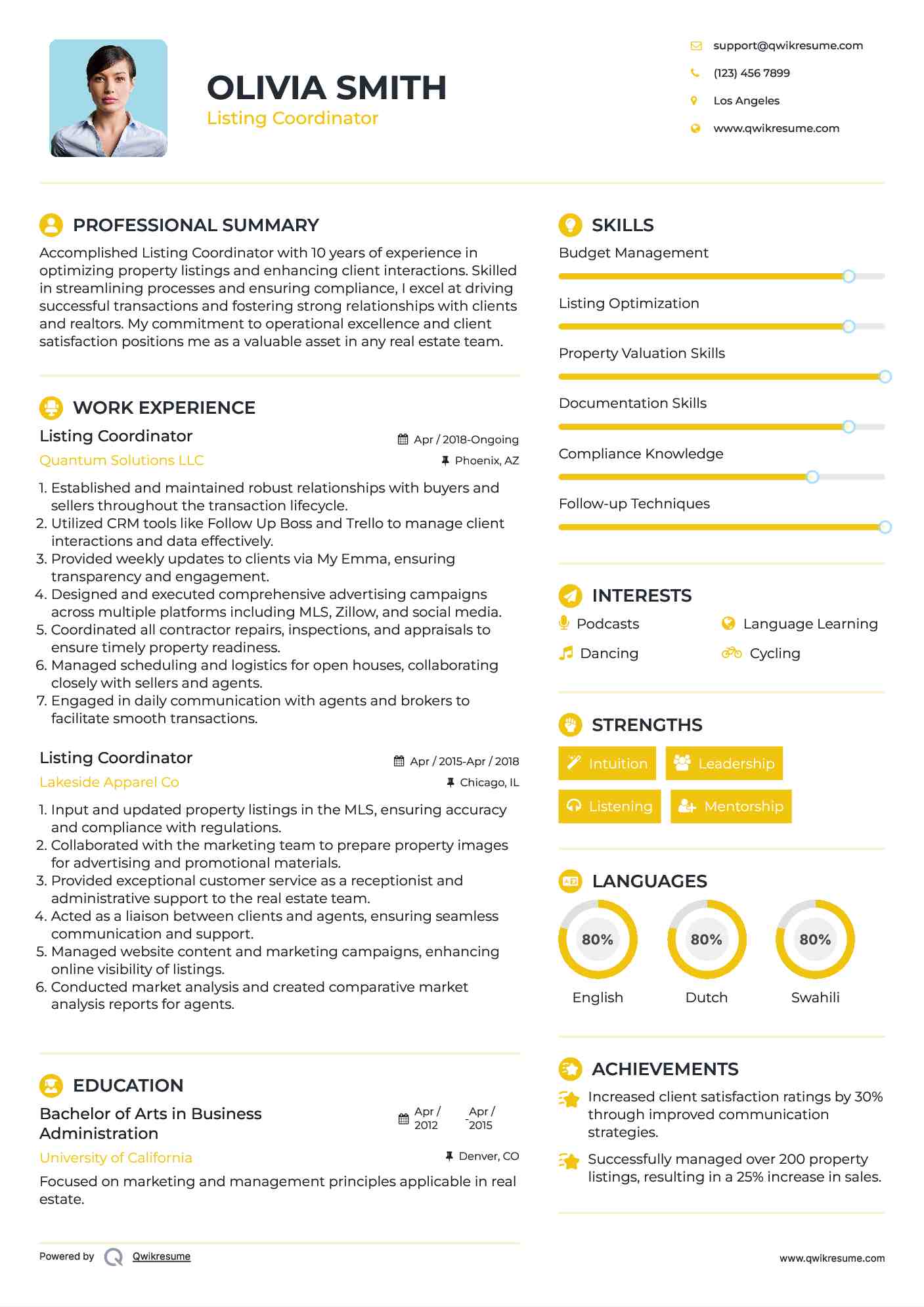 Listing Coordinator Resume Example