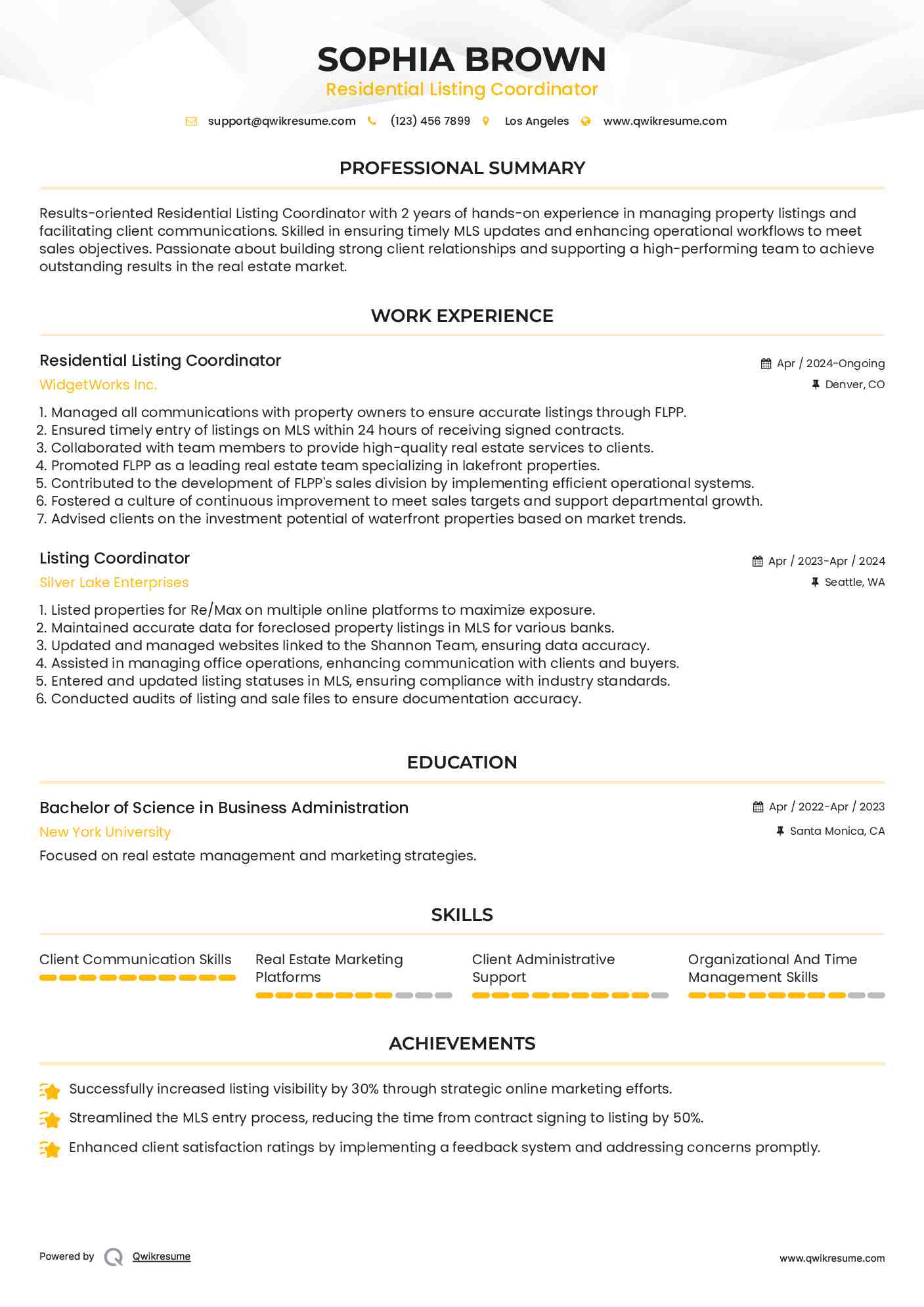 Residential Listing Coordinator Resume Model