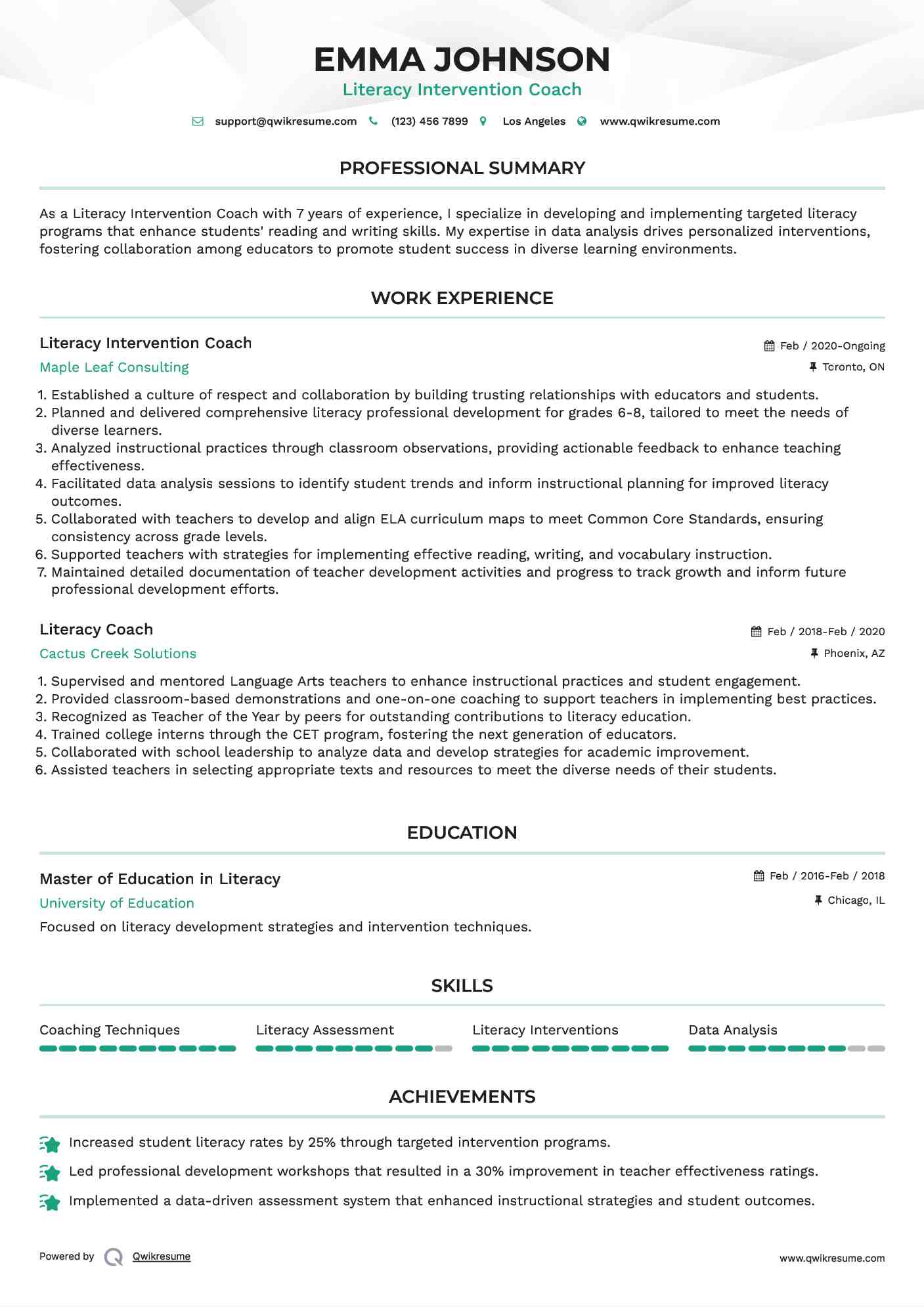 Literacy Intervention Coach Resume Example