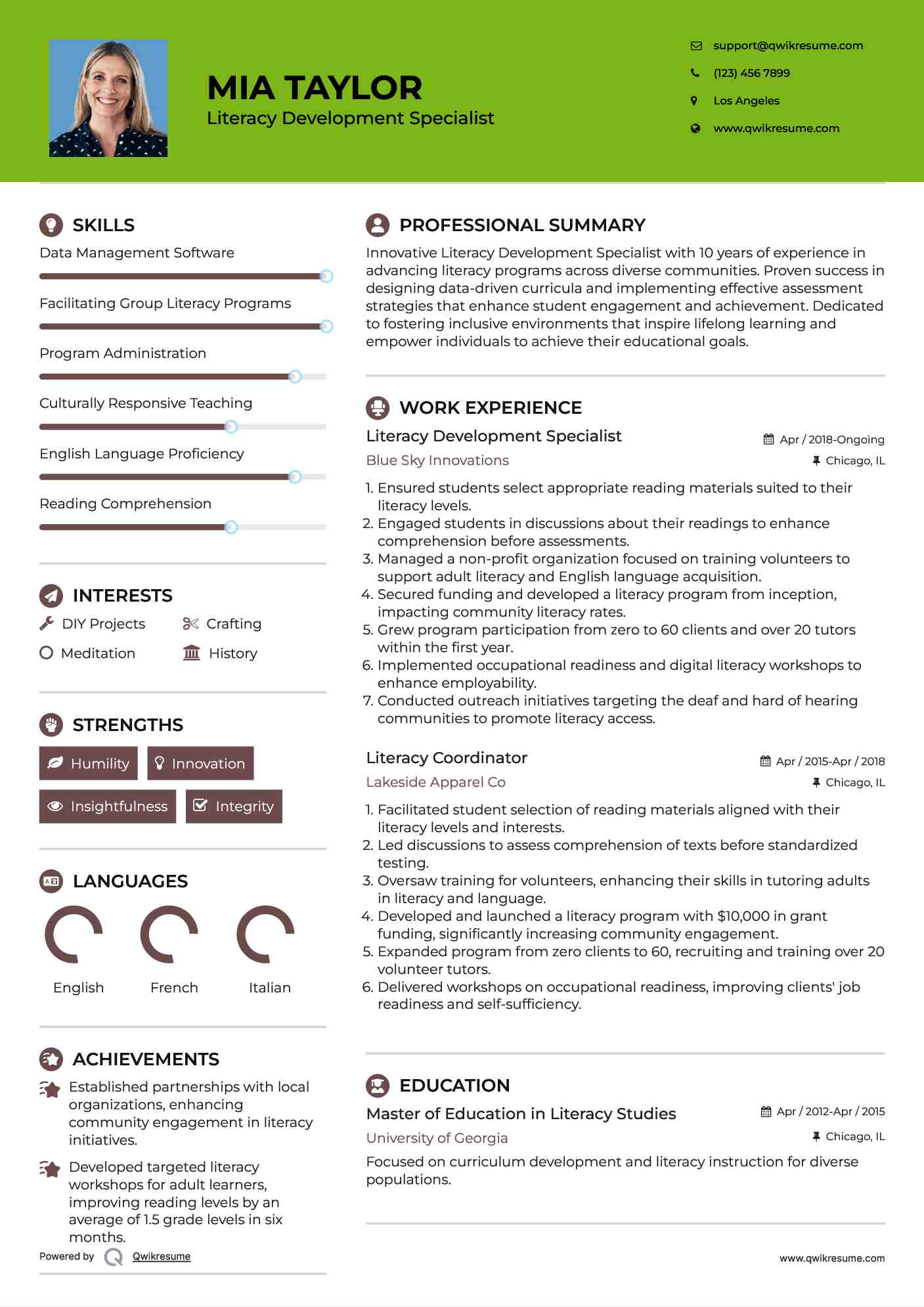 Literacy Development Specialist Resume Sample