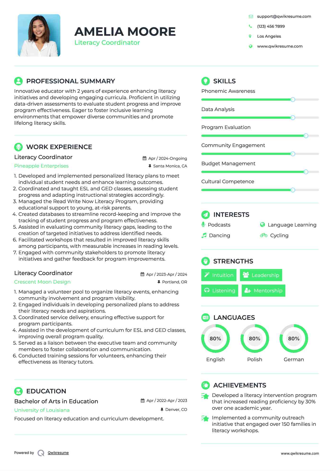 Literacy Coordinator Resume Example