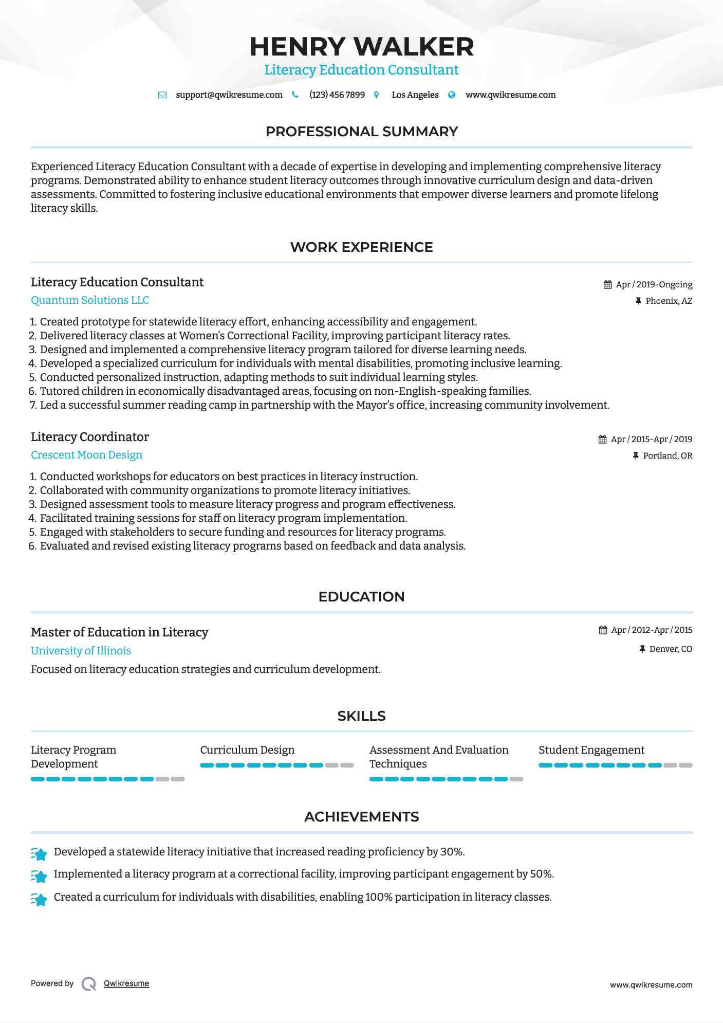 Literacy Education Consultant Resume Example