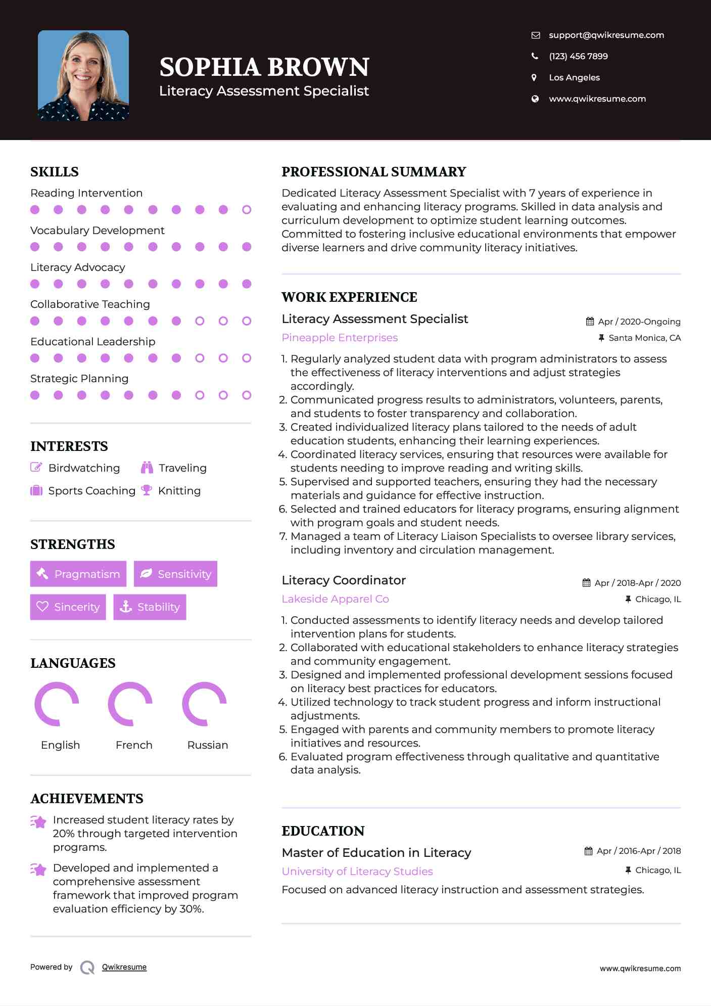 Literacy Assessment Specialist Resume Template